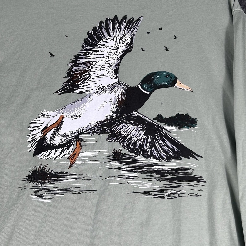 Southern Shirt Co Duck Long Sleeved T Shirt Winged Pursuit Iceberg Green Size M